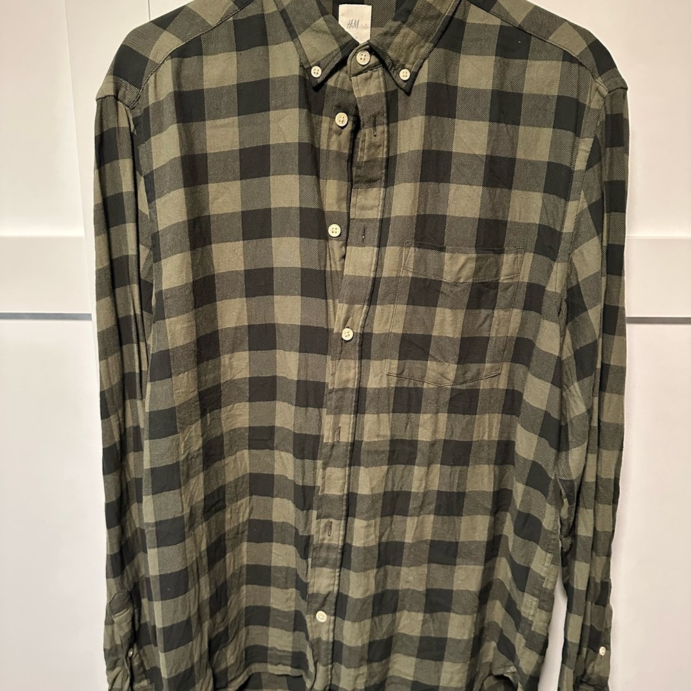 H&M Men's Olive and Black Plaid Shirt